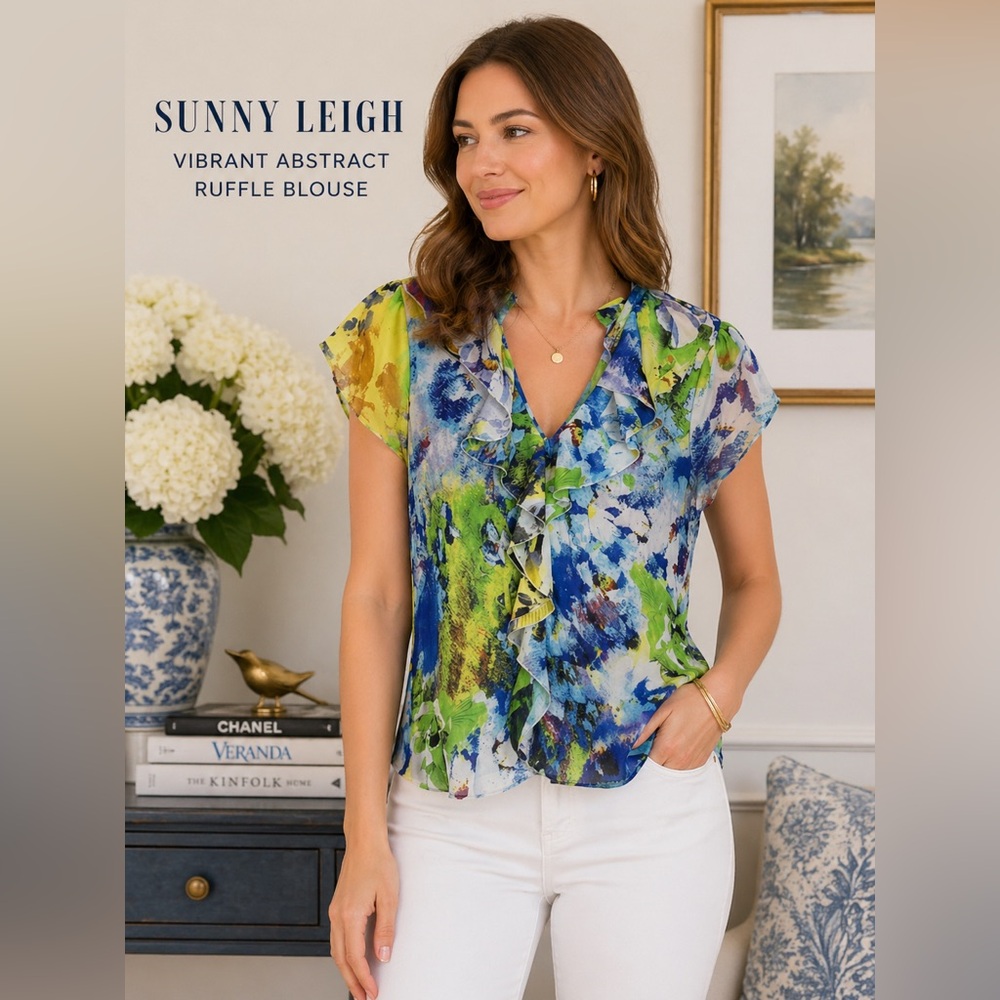 Sunny Leigh Vibrant Abstract Ruffle Blouse in Blue, Green & Yellow